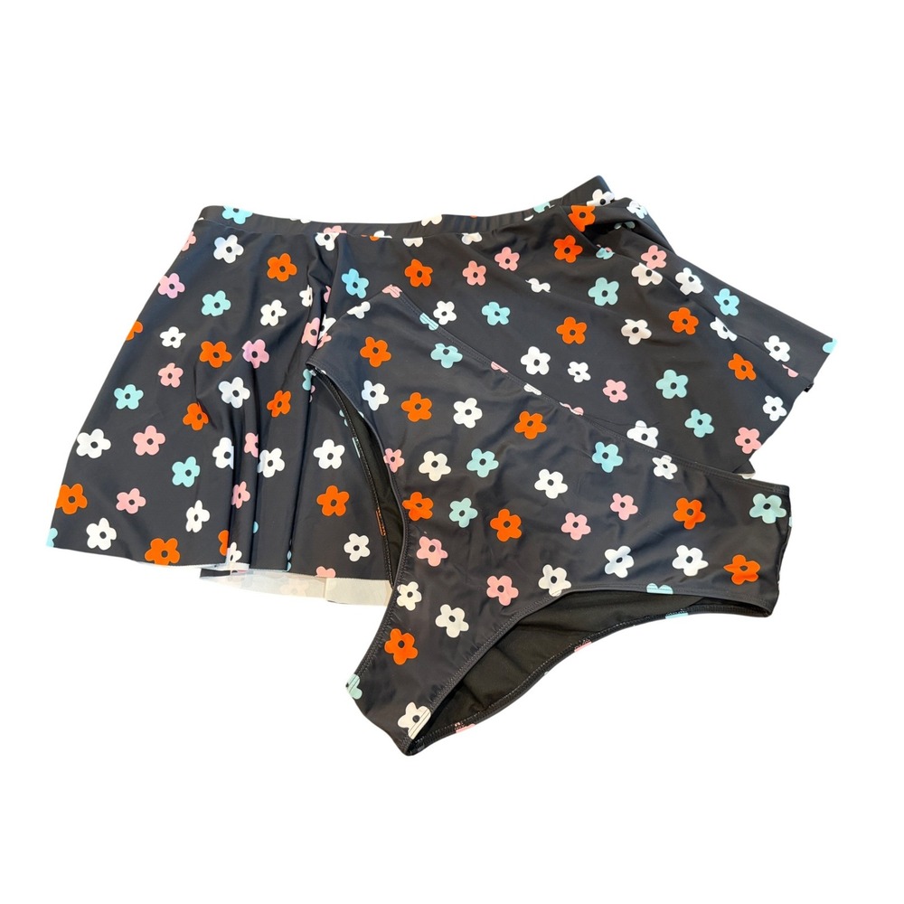 Floral High Waisted Bikini Bottom & Swim Skirt Set Black Daisy Print 4XL